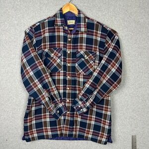 Vtg 80s Sears Tall L Plaid Flannel Quilt Lined Shirt Jacket Men Navy Shacket‎